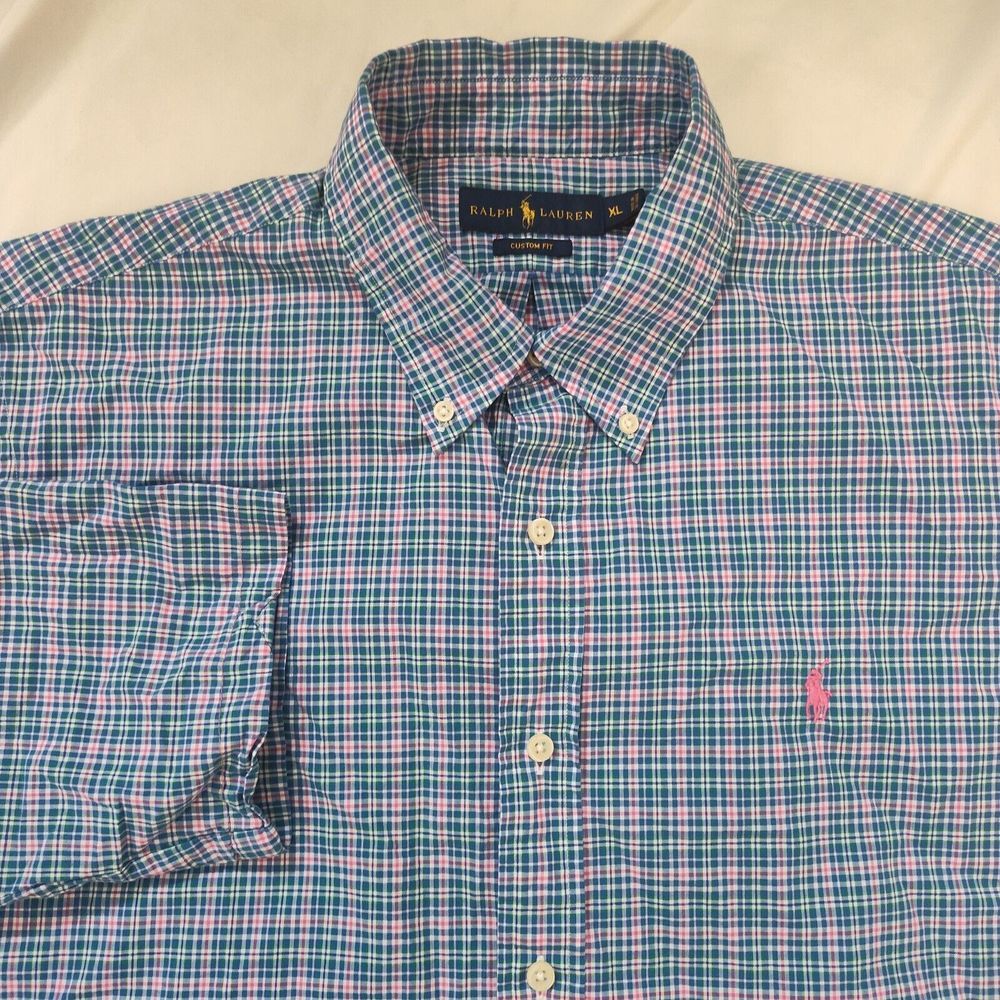 Ralph Lauren Mens Size XL‎ Custom Fit Plaid Oxford Long Sleeve Shirt
